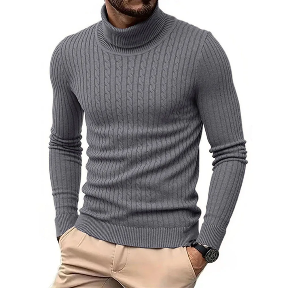 ฤดูใบไม้ร่วงฤดูหนาวผู้ชายเสื้อคอเต่า WARM SLIM FIT ถักเสื้อกันหนาว Jacquard ลายนุ่มเสื้อถักสไตล์พื้นฐาน