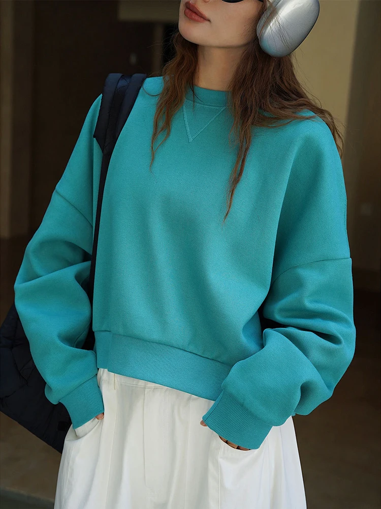 LANMREM Minimalism Pullover Sweatshirt For Women Solid Round Neck Long Sleeve Office Lady Loose Tops 2024 Autumn New 26C489