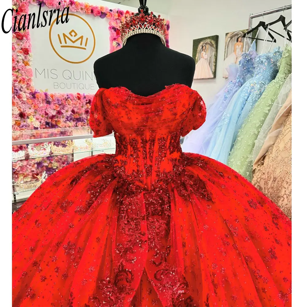 Rode Glitter Lovertjes Kristal Ruches Baljurk Quinceanera Jurken Van De Schouder Plooi Corset Sweet 16 Vestidos De Xv Años