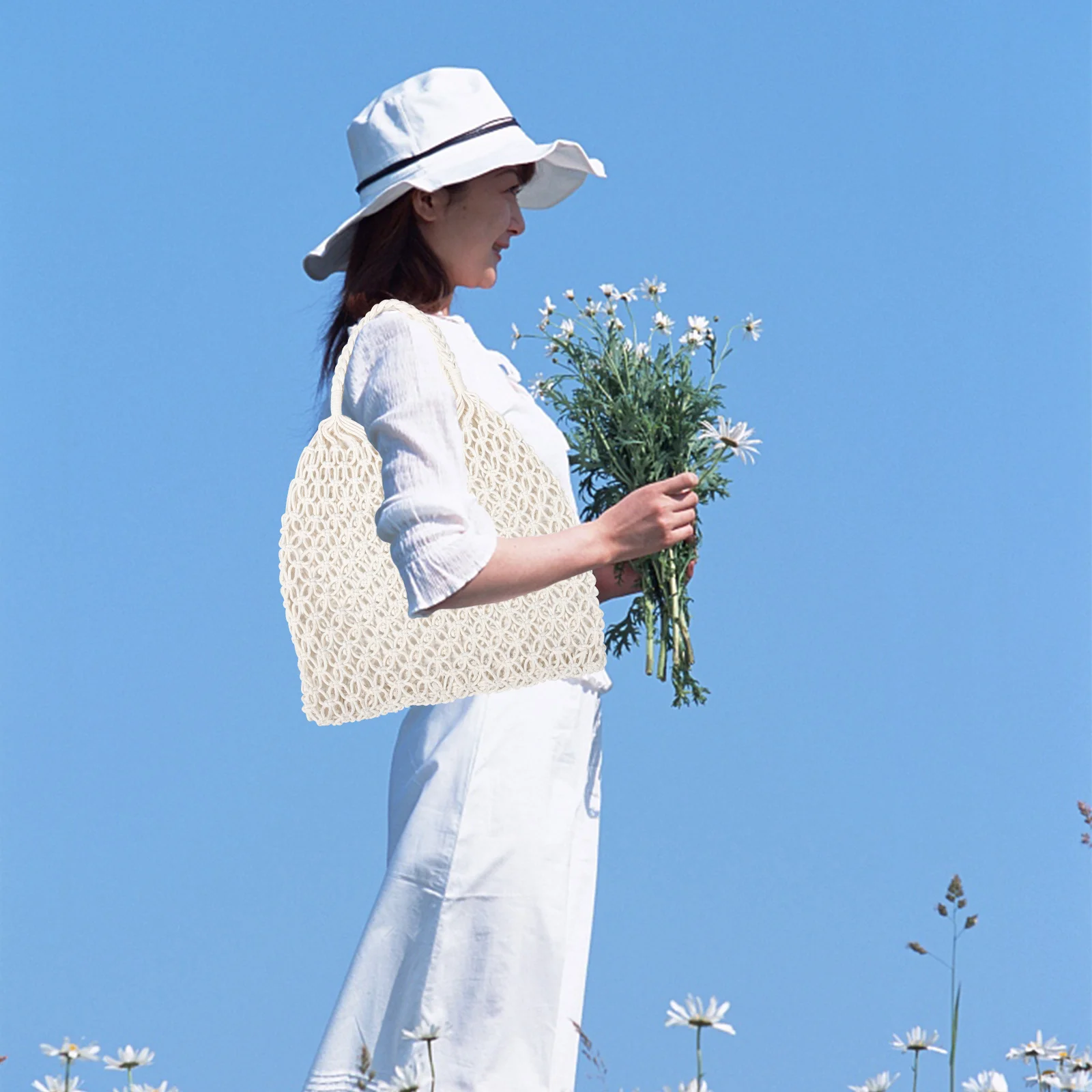 

Handmade Crochet Beach Bag Cotton Rope Shoulder Tote Hollow Mesh Design for Women Outdoor Picnic Travel Lightweight Unlined