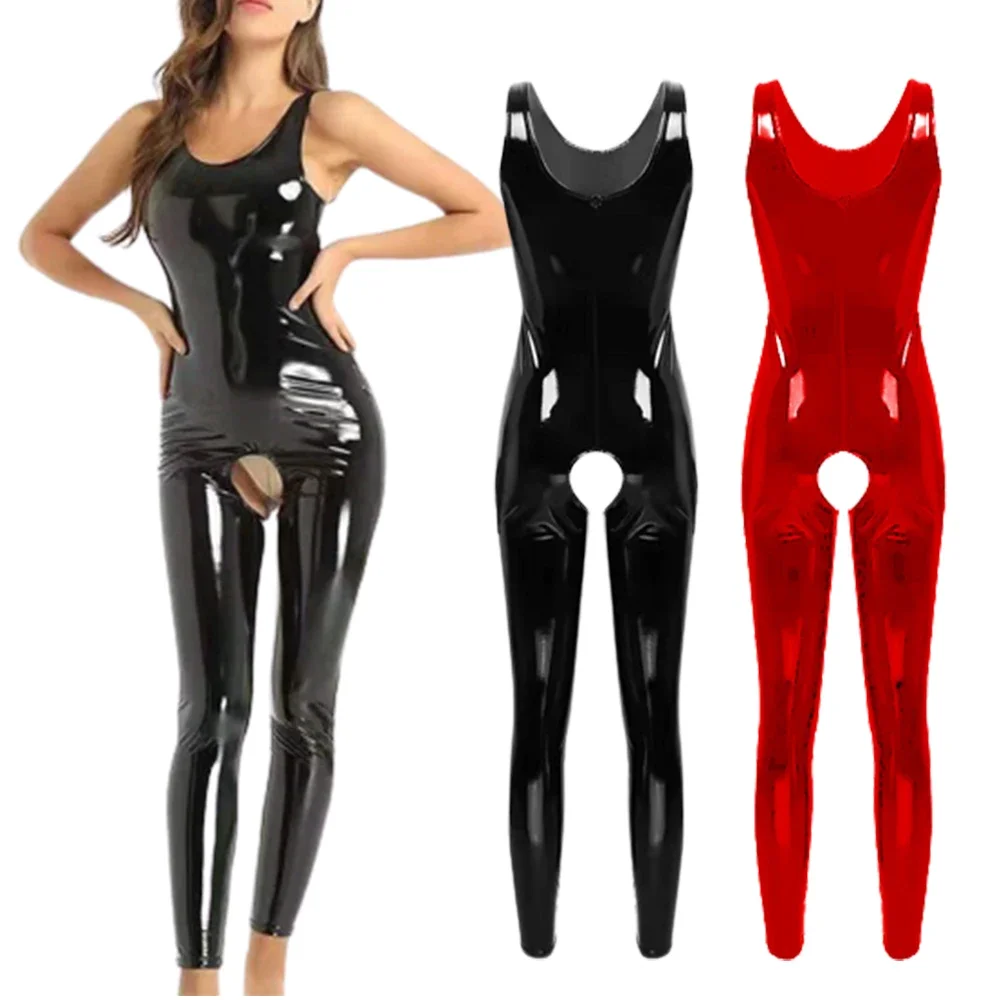 

Sleeveless Wet Look PVC Catsuit Women Erotic Latex Leather Open Crotch Bodysuit Shiny PU Leather Tight Jumpsuit Hot Sexy Leotard