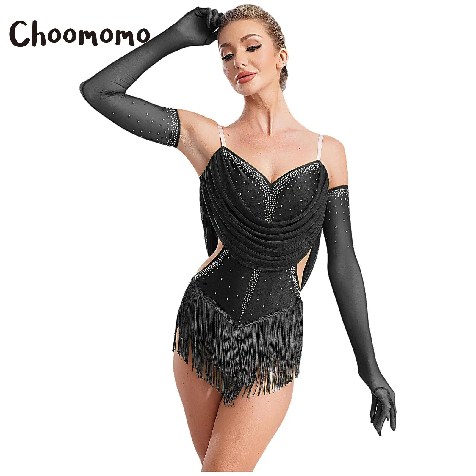 

Womens Latin Dance Leotard Dress Figure Ice Skating Dancewear Cha Cha Samba Tango Rhinestones Bodysuit with Gloves Lyrical Set