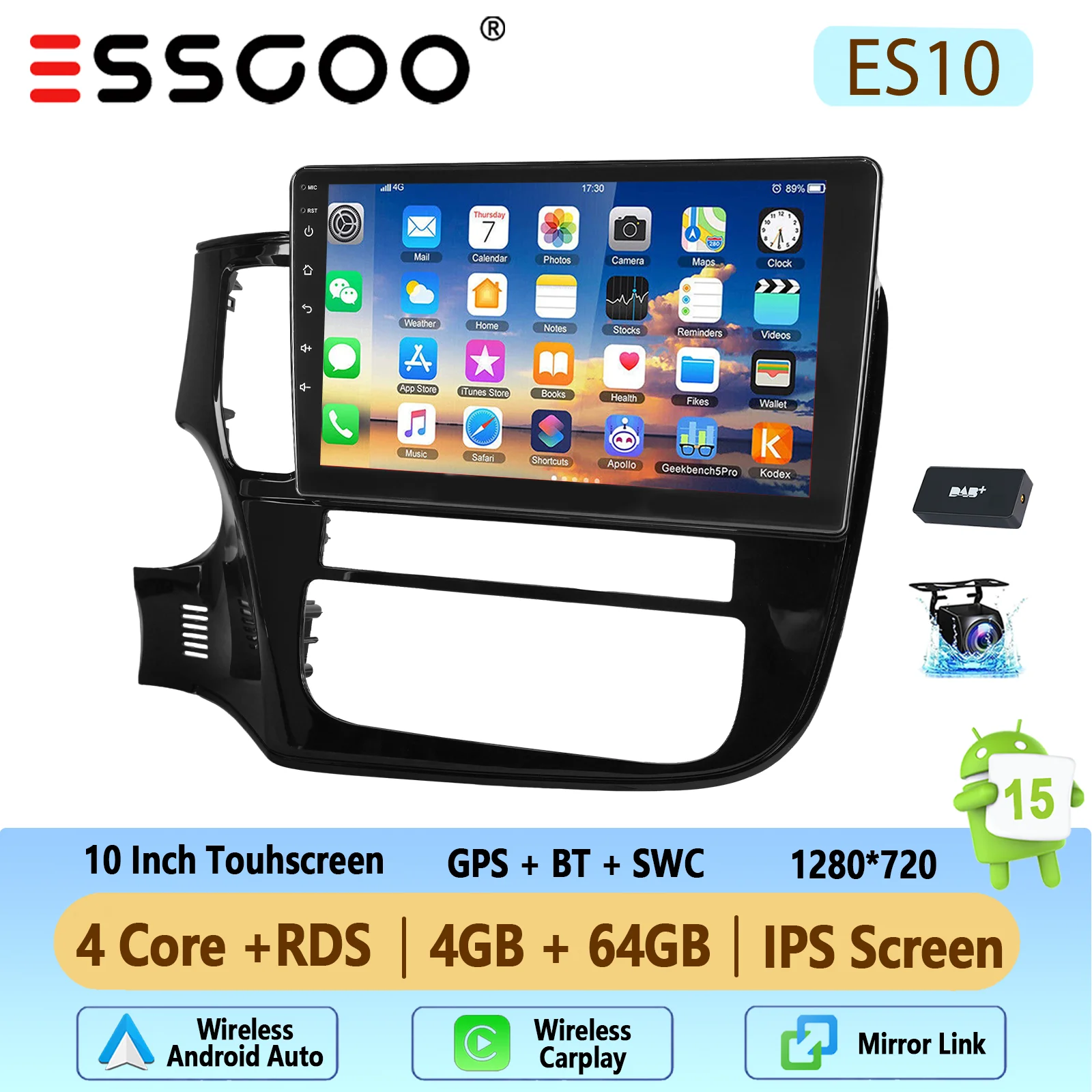 ESSGOO 10 inch Android 15 2+32GB/4+64GB draadloze Carplay autoradio voor Mitsubishi Outlander 2012-2018 GPS navigatie WIFI SWC RDS BT FM ASP