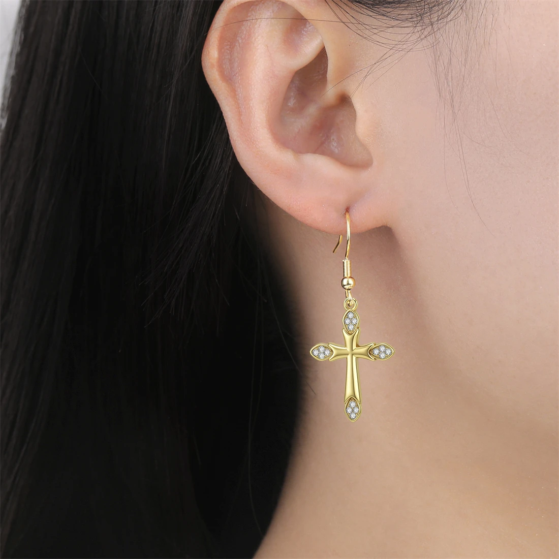 Eueavan Strass-Kreuz-Ohrhänger aus Edelstahl, klassische christliche Creolen für Frauen, religiöser Amulett-Schmuck, Geschenk – Detail 9