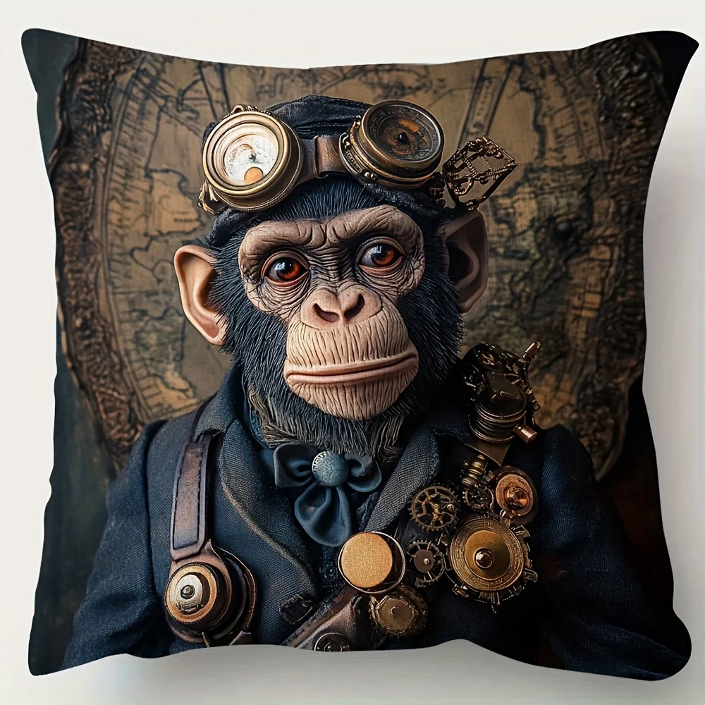 Steampunk Monkey Double-Sided Pillowcase, Vintage Mechanical Ape Cushion Cover with Zipper, Washable Decor Case