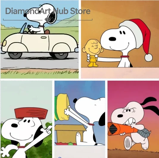 5D DIY Diamond Painting Cute Snoopy Cartoon Art Set, Peanuts Dog Driving Car, Christmas Hat, Playing Ball And Holding Doll