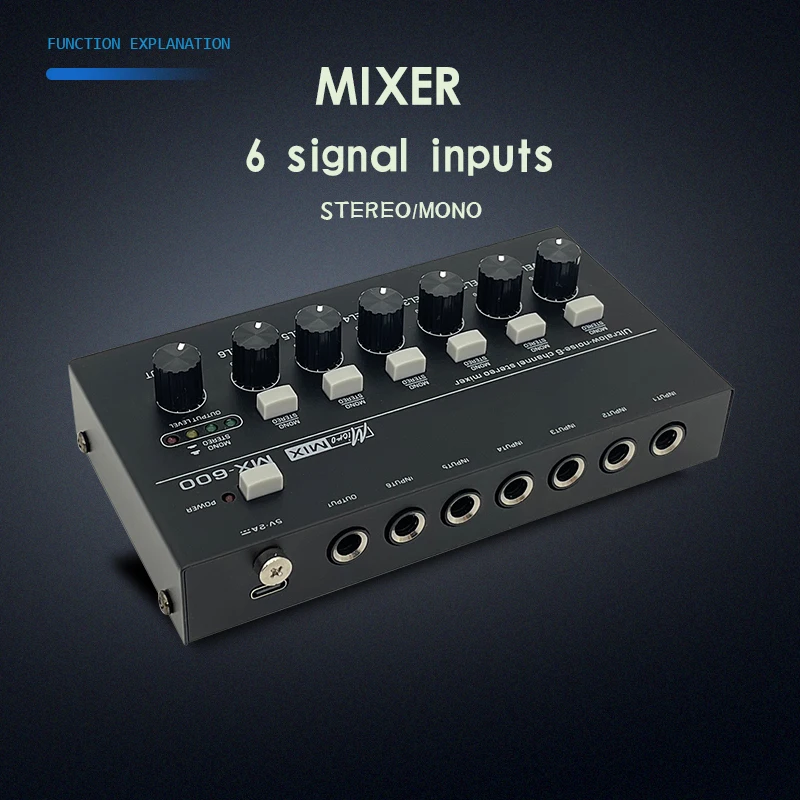 جهاز مزج الصوت ستيريو ذو 6 قنوات، جهاز مزج الصوت USB الاحترافي الصغير المحمول، خلط خط الضوضاء منخفض للغاية للتسجيل على الموقع ﻿