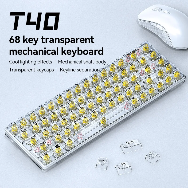 Oulylan TWOLF T40 Mechanical NEW Keyboard Fully Transparent Luminous 68 Key Gaming Keyboards Portable Tablet Laptop Keyboard