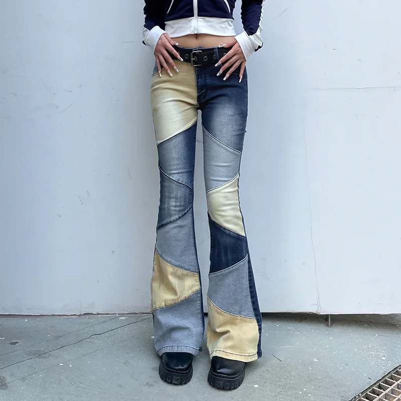 Streetwear mehrfarbige Patchwork Cargo Jeans Frauen hoch gewaschene gewaschene Flare Hose lässig lässig Vintage Jeans hose