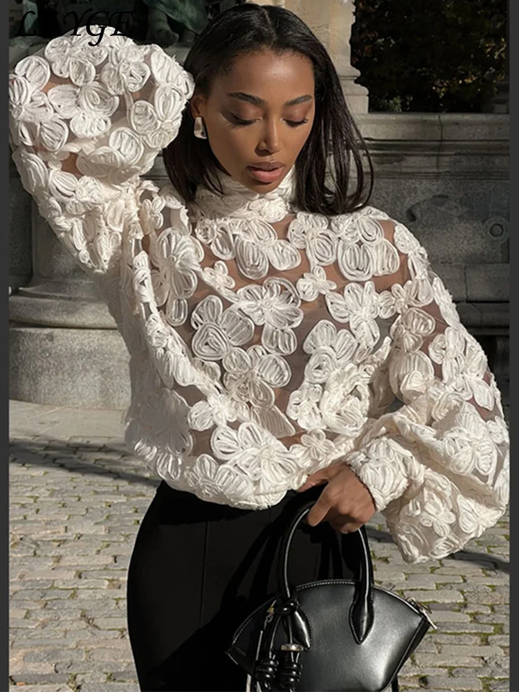 Sexy Women's 3D Flower Mesh Shirts Elegant Turtleneck Long Lantern Sleeve Female See Through Blouses 2025 Spring Lady Chic Tops