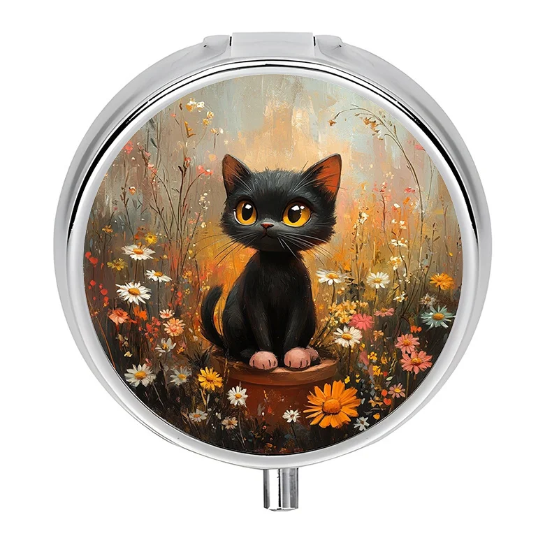 1 cute kitten and floral metal pill box - 3-compartment portable medicine organizer with black cat and daisy design, portable vitamin box, travel-friendly medicine organizer (no keychain)