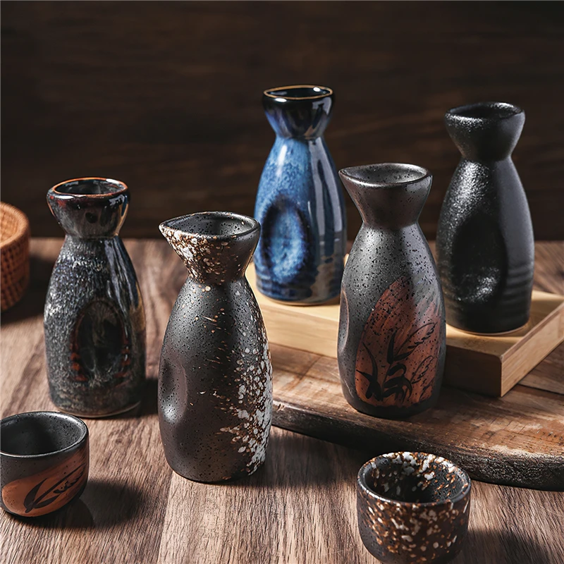 Ceramic Wine Pot Japanese  Bottle Jug Black Clay Retro Cup Round Bar Decoration Drinkware Home Kitchen Supplies Sake Waterware