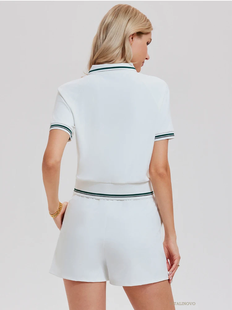 VITALINOVO 2-teiliges Workout-Set für Damen Poloshirts mit Kragen Hochgeschnittene Laufshorts Zweiteiliges Passendes Trainingsoutfit – Detail 3