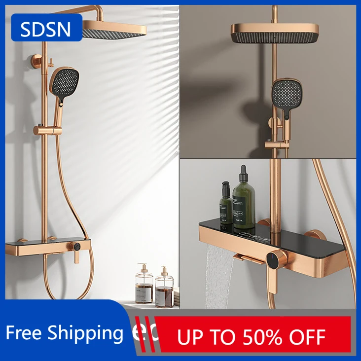 

Hot Cold Bathroom Shower System Sprinkler Brushed Rose Gold Piano Bathroom Shower Set 12 Inch Rainfall Round Shower Head Faucets