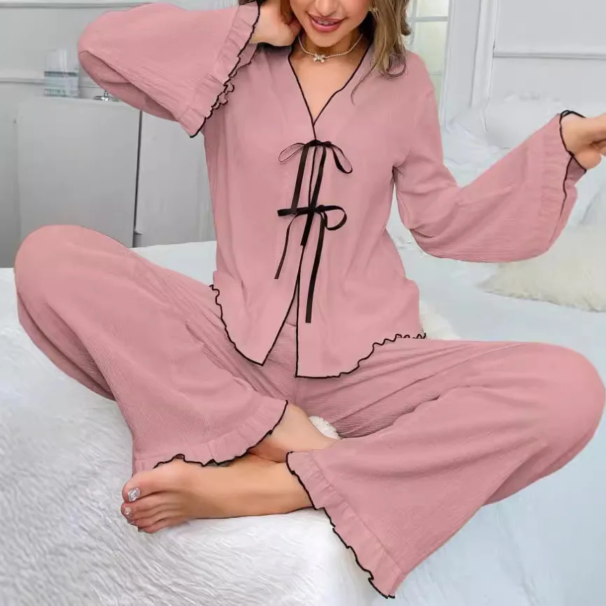 V-Neck Lace-Up Close-Edge Long-Sleeved Cardigan And Pants Set Women's Pajamas Loungewear Comfortable Sleepwear