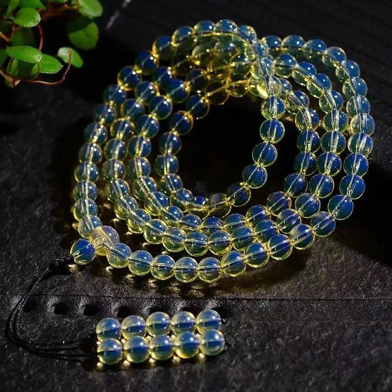Water Purification Blue Amber Single Ring Bracelet Beeswax Amber 108 Round Beads, Buddha Bead Bracelet Pendant
