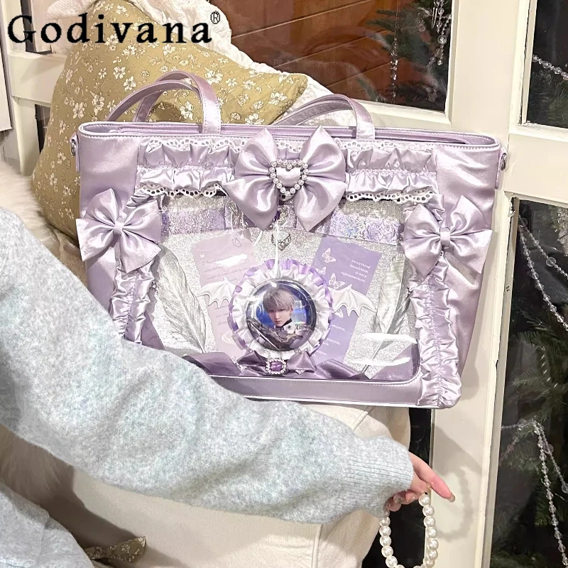 

Original Japanese Girls Swee Y2k Satin Bow Pearl Lace Itabag Daily Versatile Commute Large Capacity Transparent Tote Bag