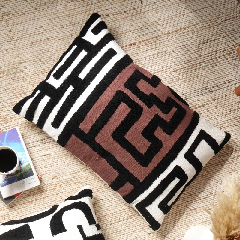 

Handcrafted Tufted Cotton Slub Lumbar Pillow - Brown, White & Black 24 x 16