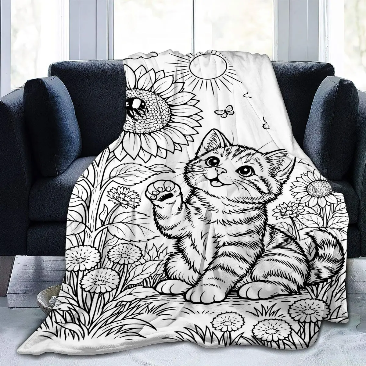 Sunflower & Cat DIY Coloring Throw Blanket, Healing Design for Adults, Nap Blanket for Home