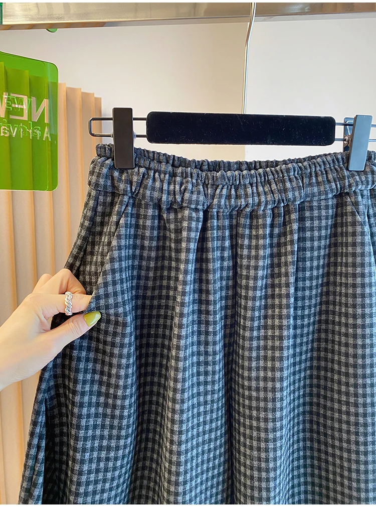 Plus size outono novo feminino xadrez perna larga nove-tenças calças casuais finas soltas versáteis calças leves