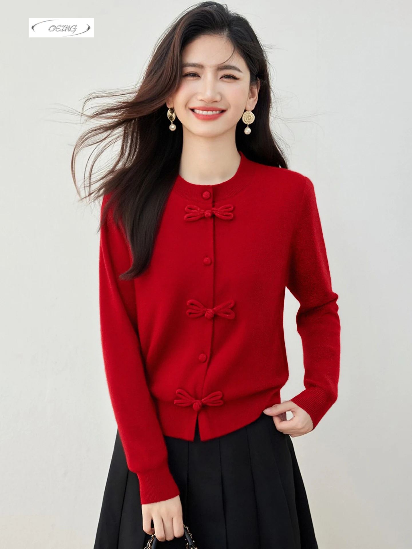 

Women Fashion O-neck Bow Knitted Cardigan Sweater Autumn Winter New Year Red Single Breasted Long Sleeve Slim Knitwear 9829