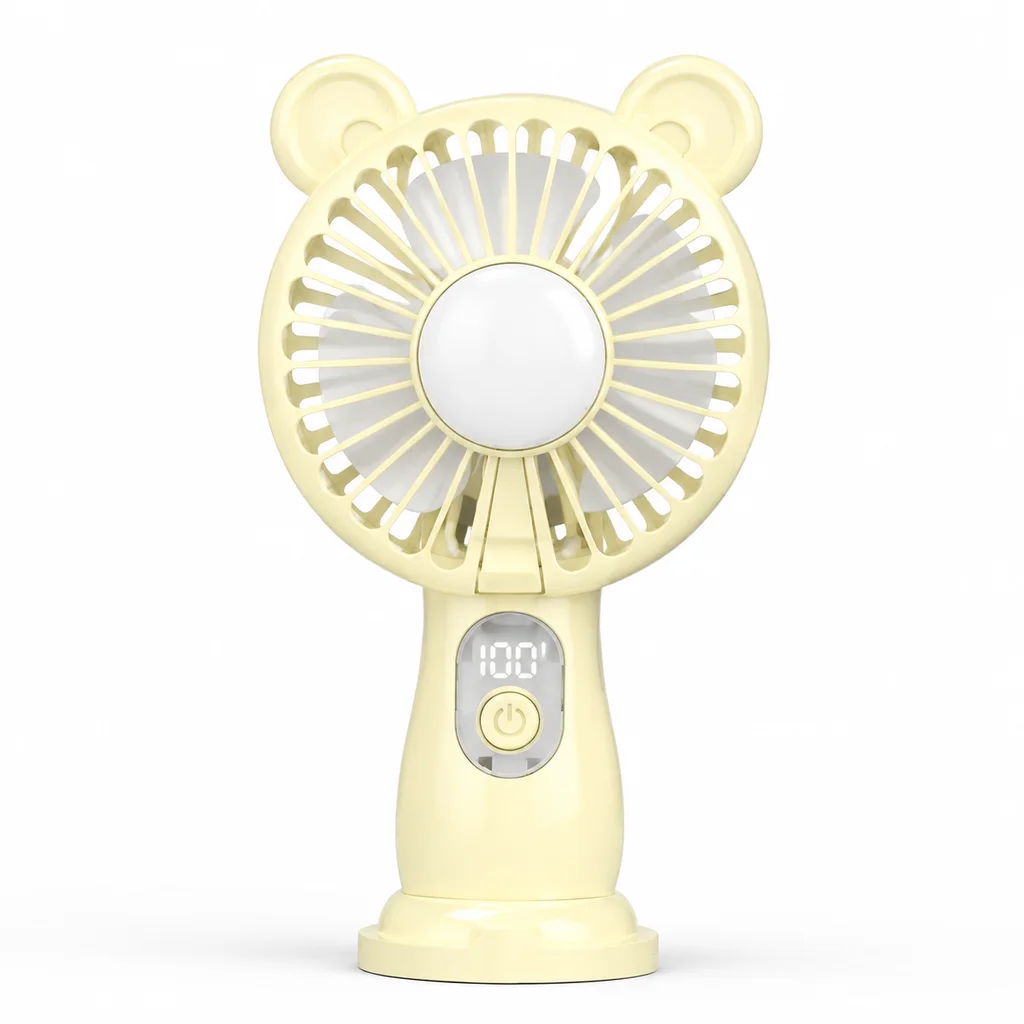 Bear Ear Mini Handheld Fan with Phone Holder Base LED Display Multi-Speed USB Cooling Fan