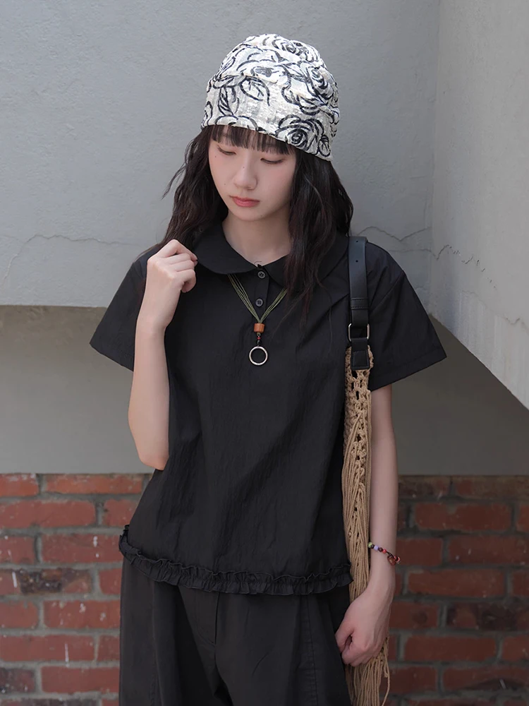 

Liliang College Sle ort Sve irt Women's Faionable Flounce Collar Patchwork Breathable Summer New Arrival
