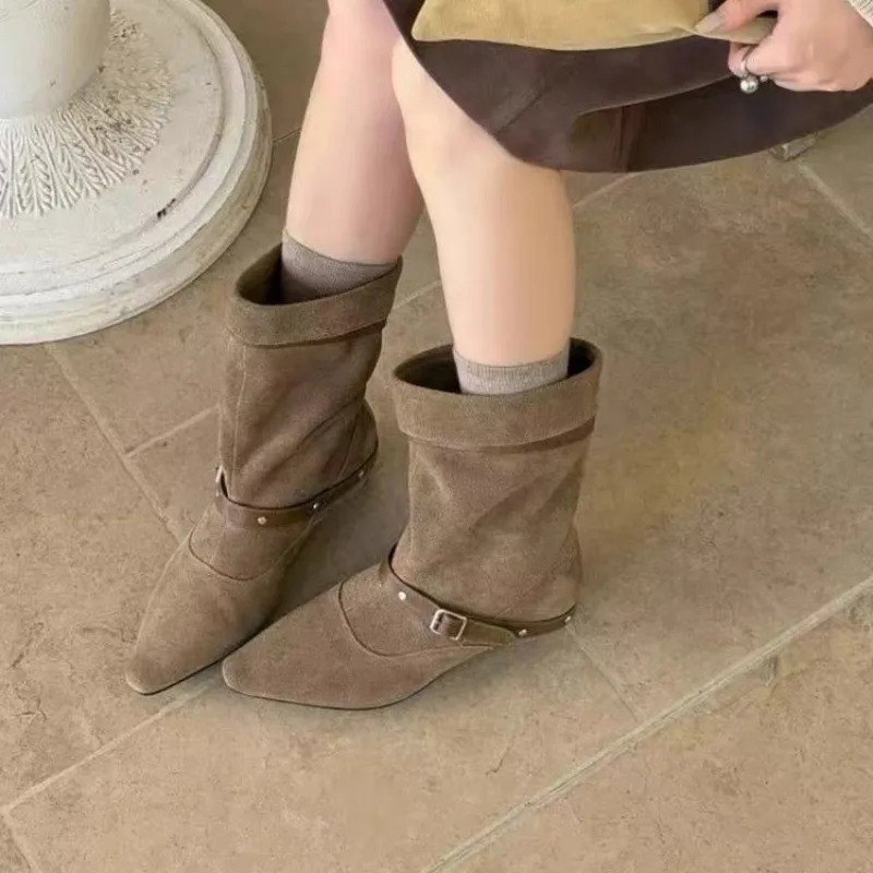 Four Seasons Retro Denim Pile Boots Autumn and Winter New 2026 Slimming Thick Heel Women's Shoes