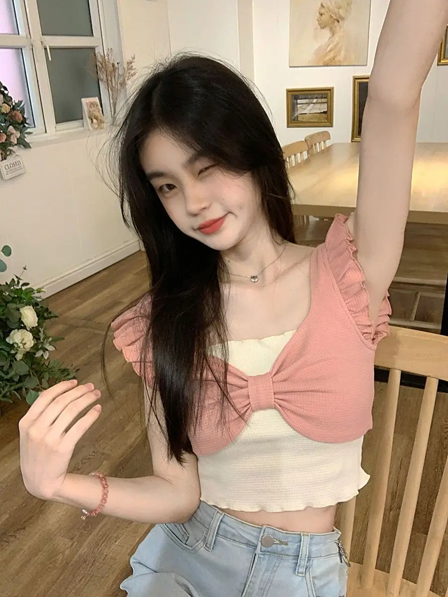 Tanks Women Fake 2 Pieces Pink Sweet Bow Slim Cropped Tops Summer Korean Style Age-reducing Ulzzang Tender Chic Stylish Daily