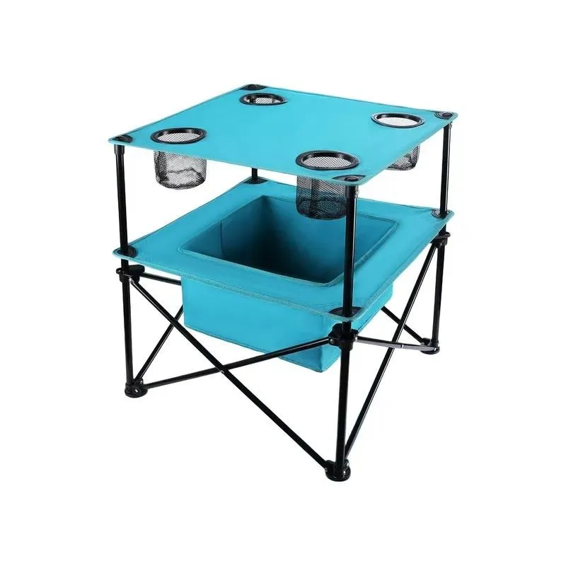 Compact Folding Camping Table with Cup Holder 2 Tier Light Portable BBQ Fishing Outdoor Picnic Beach Side Table