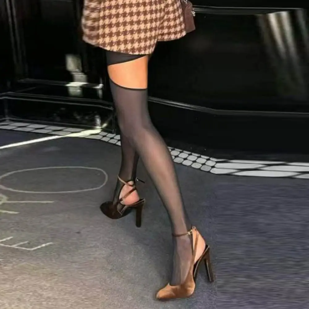 Sweet Transparent Mesh High Pantyhose Vertical Line Y2K Hollow Out Leggings Tights Black Asymmetry Pantyhose Women Summer