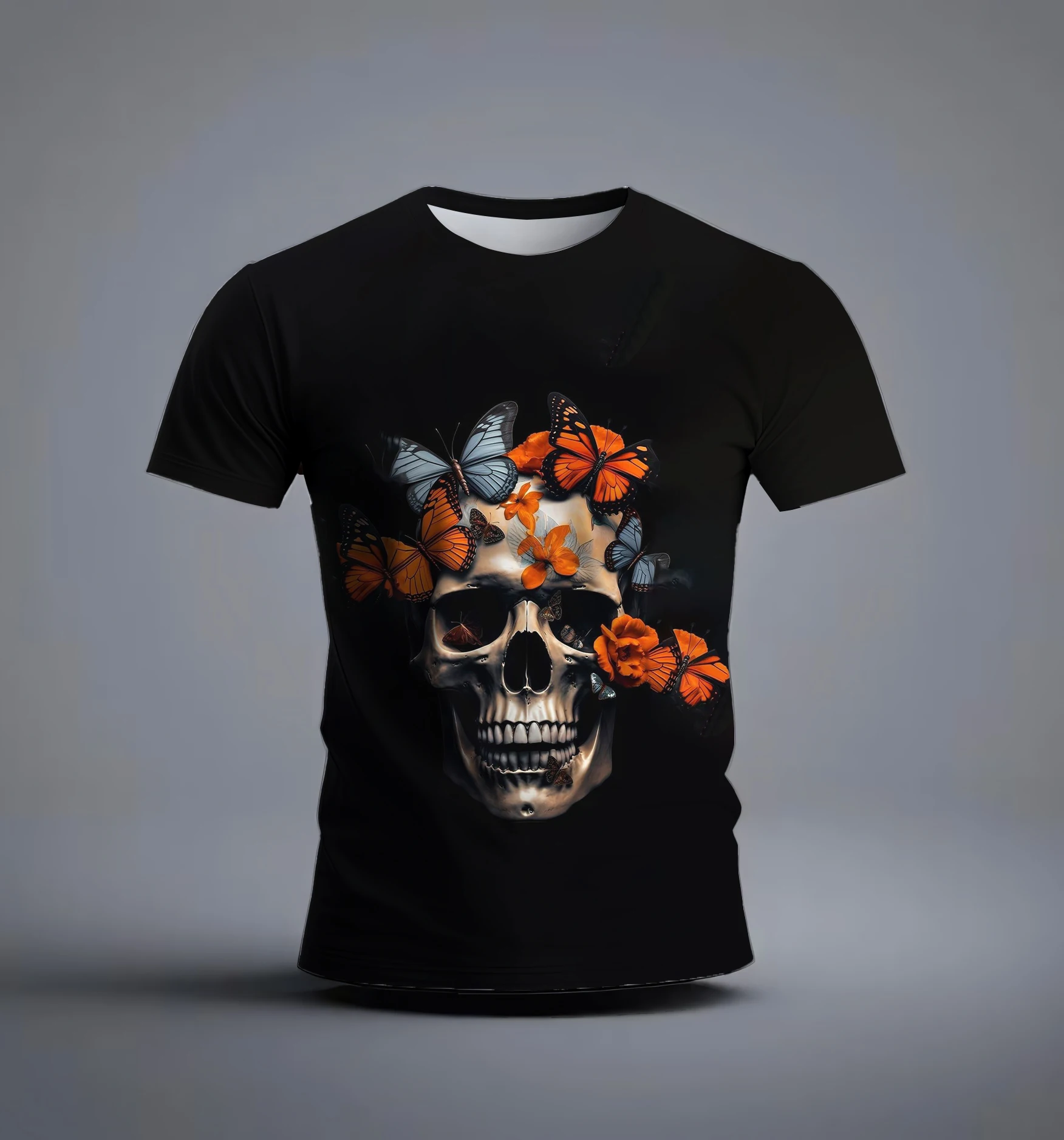 Vintage T-shirt for men 3d stereoscopic Skull Butterfly Print Fashion men's street designer short Sleeve T-shirt Loose oversized