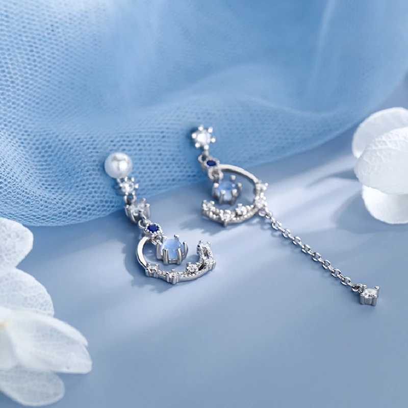 Koreanische Neue Luxuriöse Zirkon-Mond-Stern Asymmetrische Ohrstecker für Frauen Kristall-Wolken-Perlen-Ohrringe Schmuckgeschenke – Detail 3