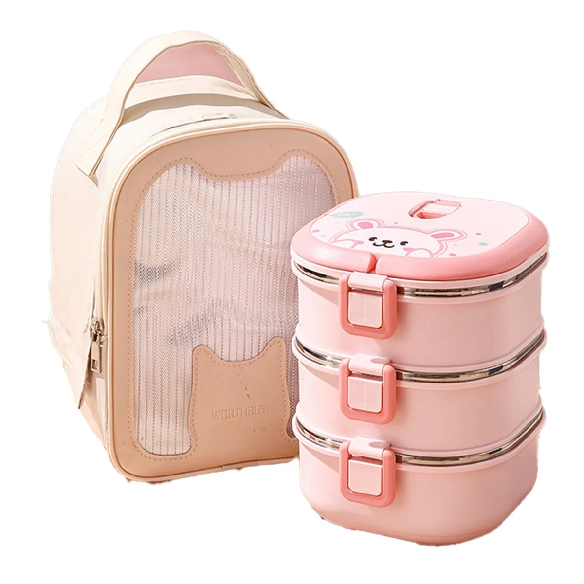 304 Stainless Steel Insulated Lunch Box with Spoon Stacked Bento Box Portable Cute Food Box Leak Proof Food