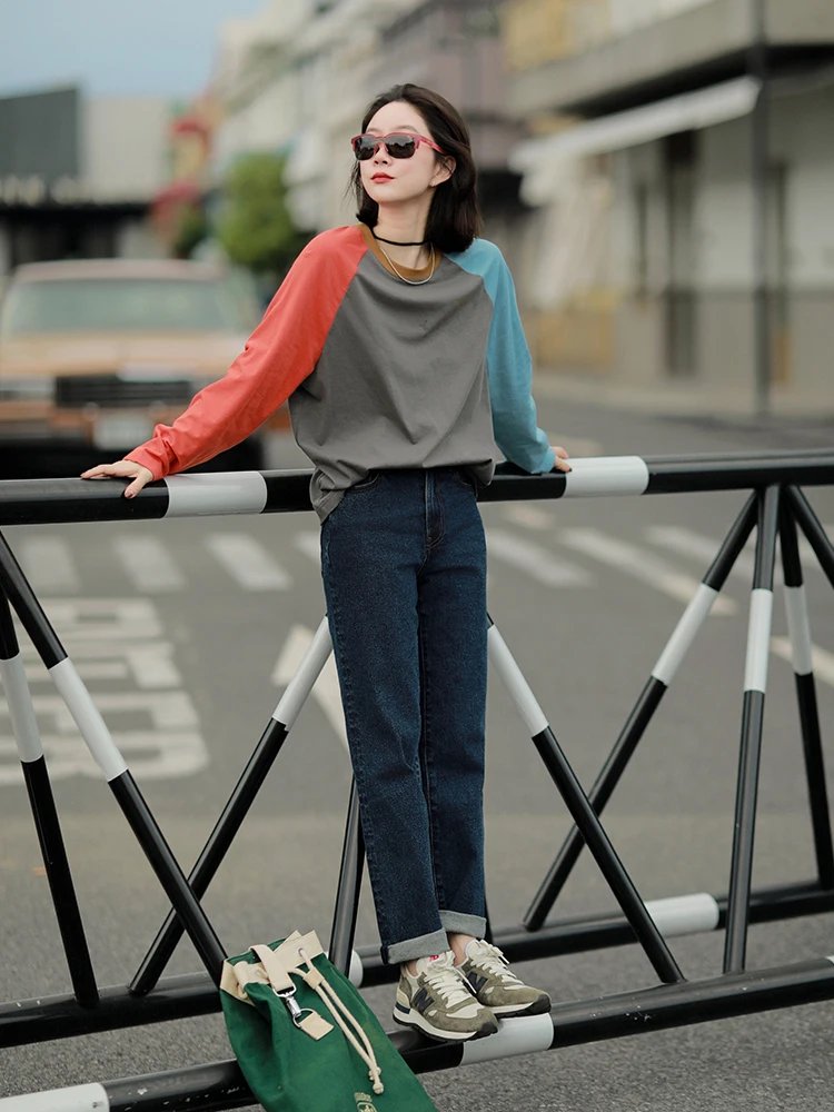 

Женская повседневная футболка Liberlin Sisy с длинным рукавом и круглым вырезом, с цветными вставками на плечах, хлопковый топ для молодежи, для повседневной носки