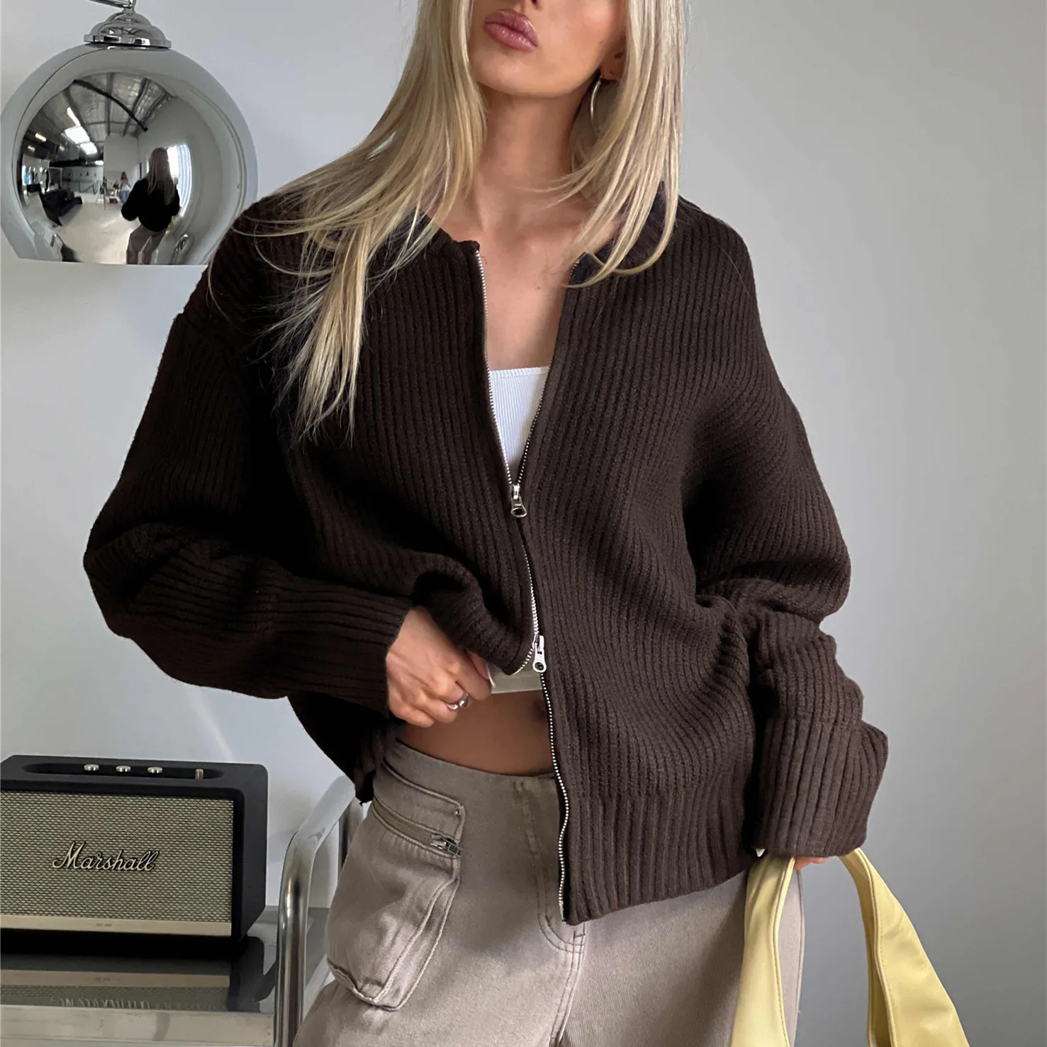 

Women's Zip Up Knit Sweater Casual Long Sleeve Mock Neck Open Front Cardigan Winter Fall Outwear Coat Fashion Streetwear