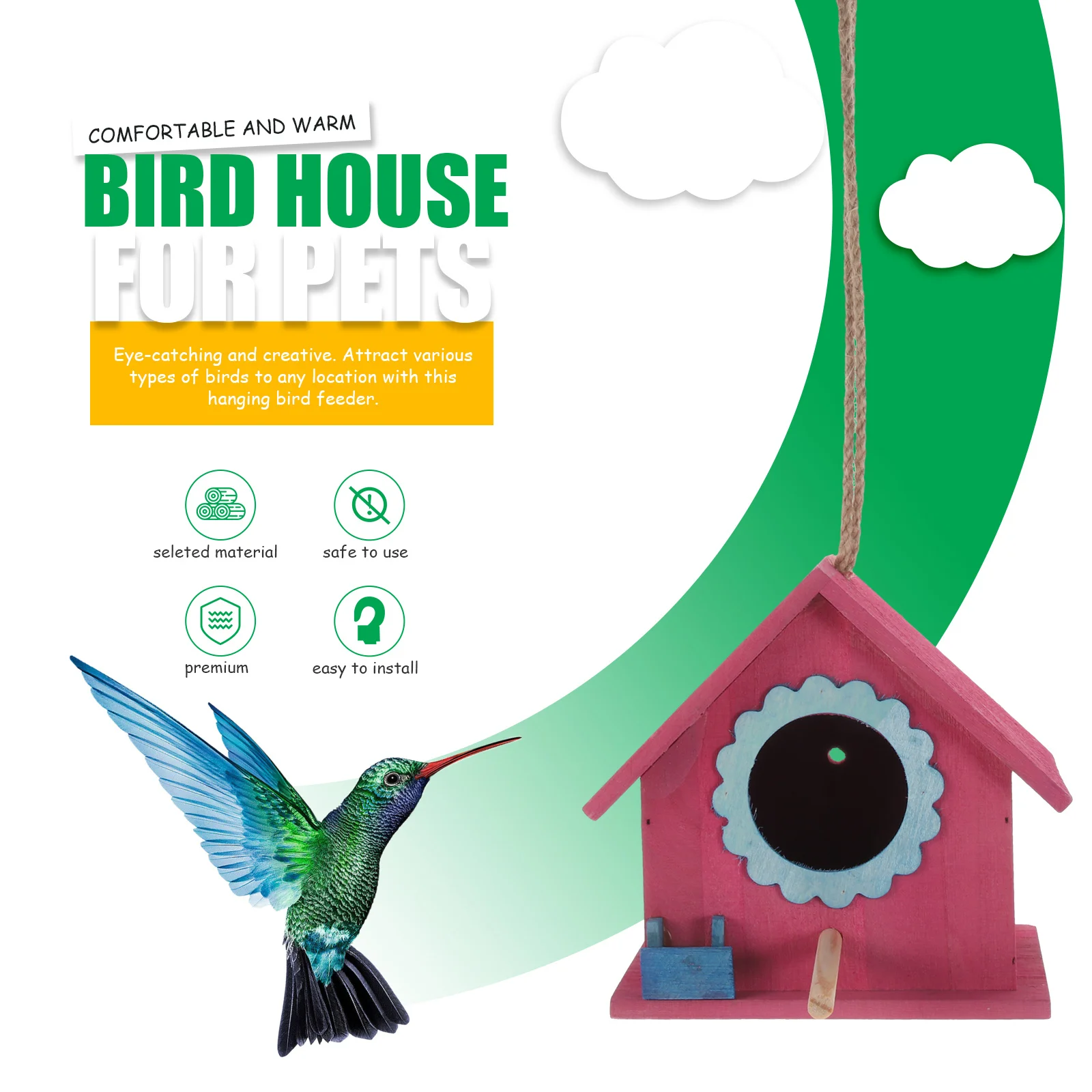 

Wooden Bird Hanging Feeders Attract Birds Outdoor Decorative Nest Sturdy Creative Hemp Rope Easy Hanging Gift