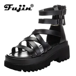 Fujin 7cm Genuine Leather Platform Sandas Wedge Shoes Summer Women Roman Boots Open Toe Women Summer Gladiator Cross Tied Zip