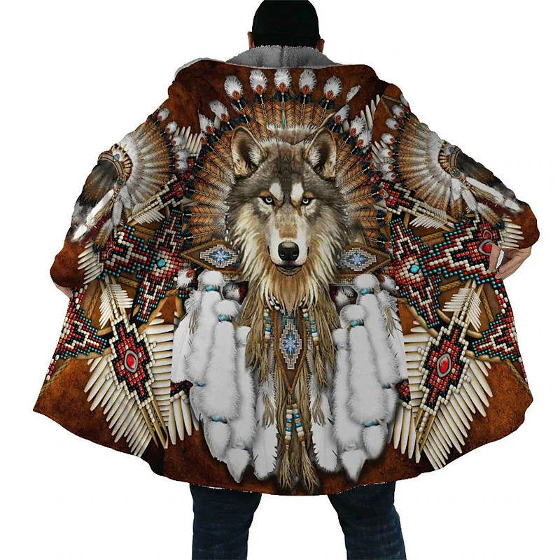 Lobo 3D dos homens estampa casaco de inverno quente grosso, capuz com zíper, casaco masculino, capa robe, sobretudo, parkas, cobertor, novo, 2024