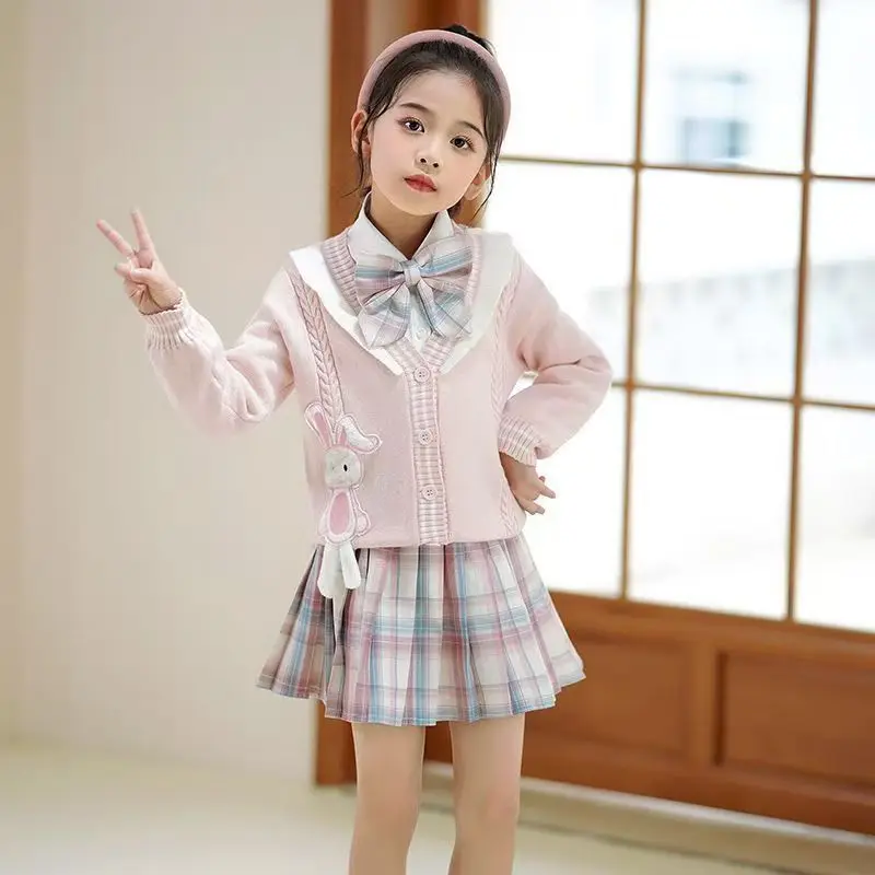 

Комплект детской одежды из 3 предметов для девочек - униформа JK, клетчатая юбка с рисунком кролика, кардиган, свитер, кавайный весенне-осенний детский комплект