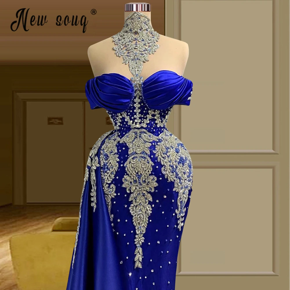 Heavy Beaded Royal Blue Luxury Long Evening Dress Off Shoulder Pleated Mermaid Prom Gowns Arabic Embroidery Robes Plus Size