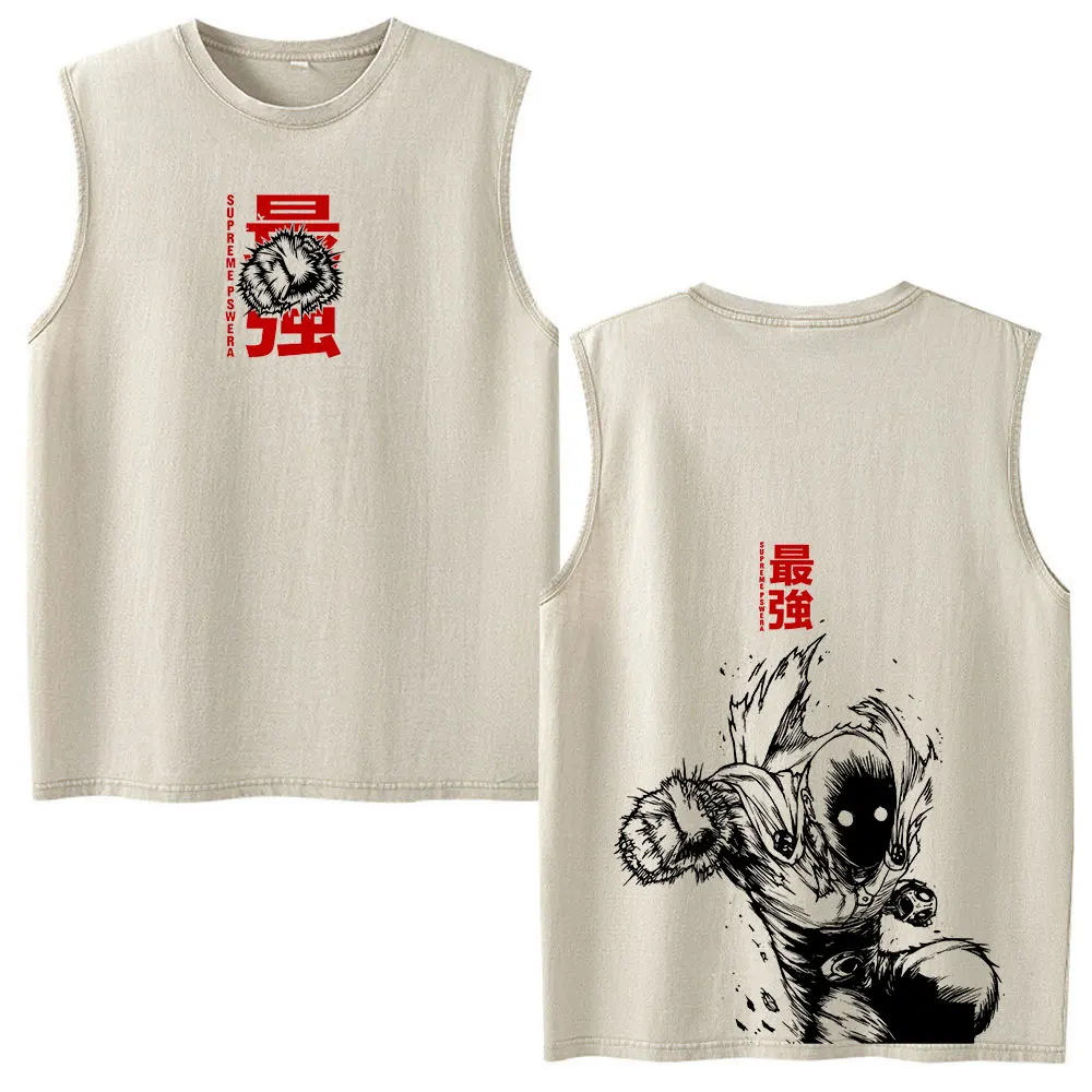 Anime One Punch Man Saitama Vintage Washed Tank Tops T-shirt Manga Sleeveless Vest Men Women Clothing Fashion Oversized T Shirts