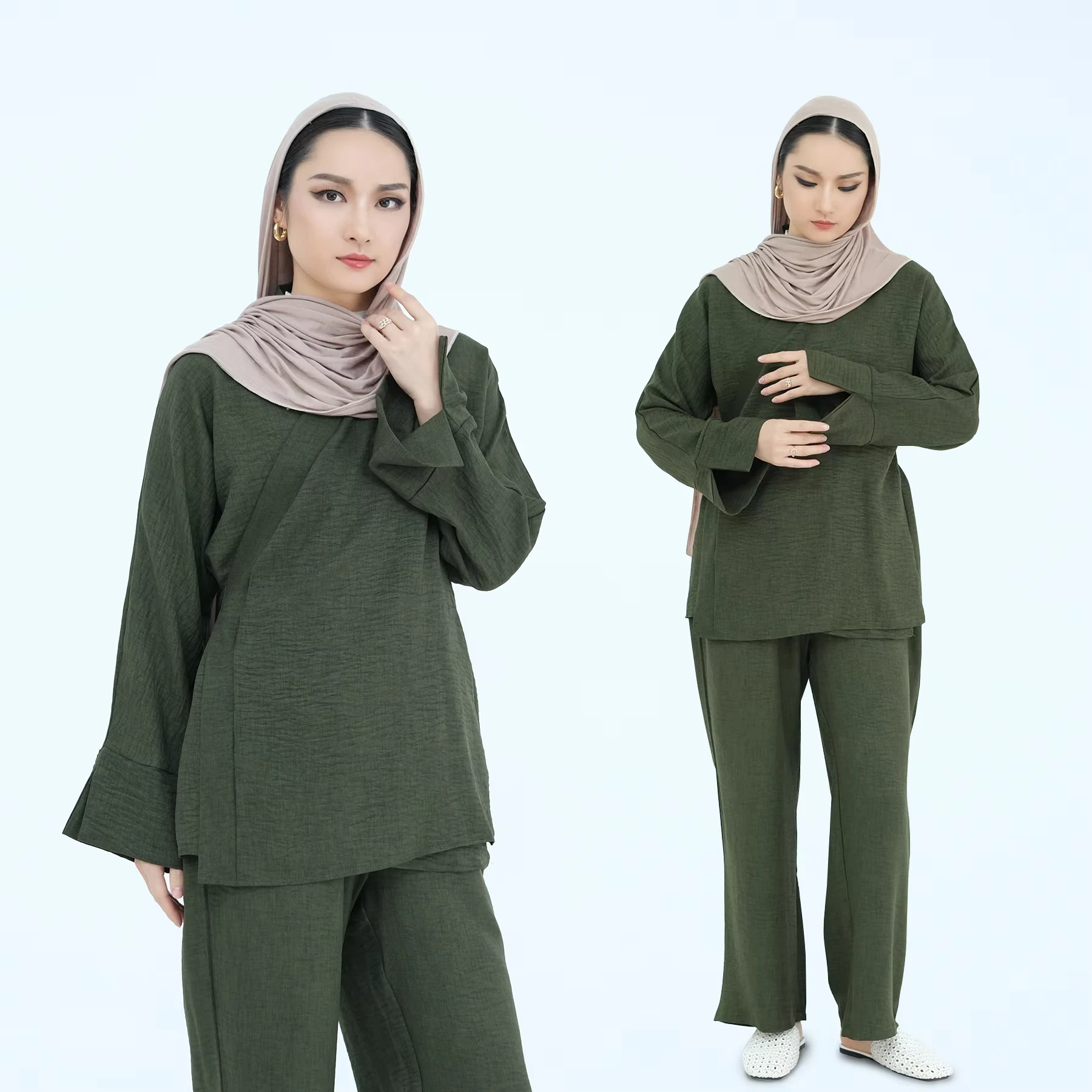 Women Muslim Sets Solid Color Suit Modest Islam Clothing Turkish Lace-up Top Wide-leg Pants Trousers 2-piece Set