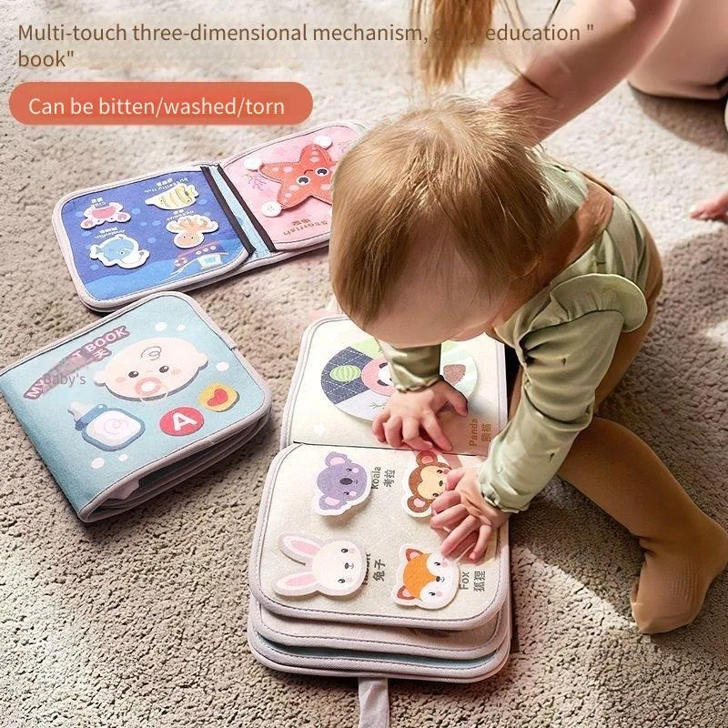 Livro de pano para bebês, educação precoce, resistente a rasgos, seguro com gancho 3d, brinquedo cognitivo montessori, livro sensorial lavável