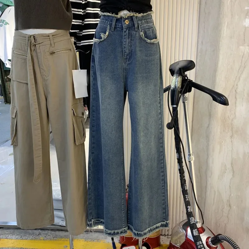 Women Jeans Wide Leg Pants Denim Washing High Waist Loose Fit Pockets Basics Full Length Pants Solid Color Slight Strech 2024