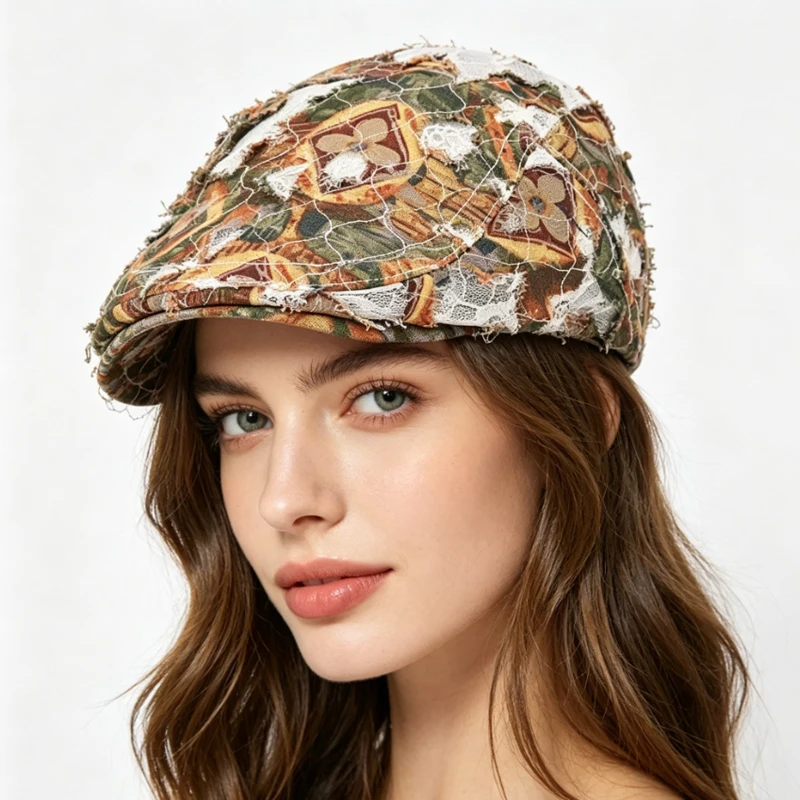 

vintage beret hats for women spring summer hats distressed ripped Floral patchwork fashion hats