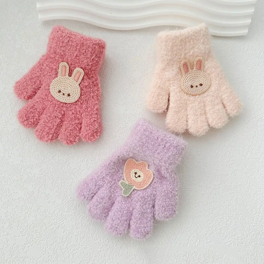 Rabbit Baby Fluffy Gloves Thicken Korean Style Flower Knitted Mittens Solid Color Full Finger Cartoon Pattern Gloves Children