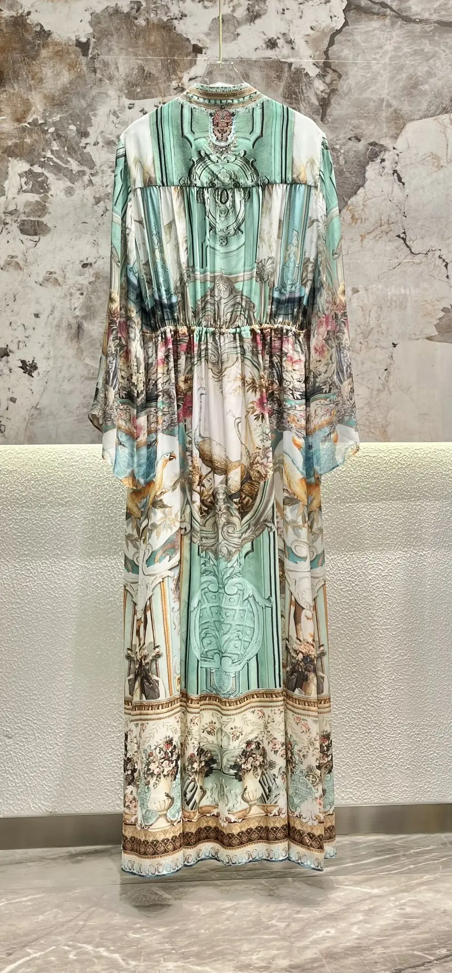 Women V-Neck Flower Printed Beaded Full Sleeve High Slit Silk Long Dress