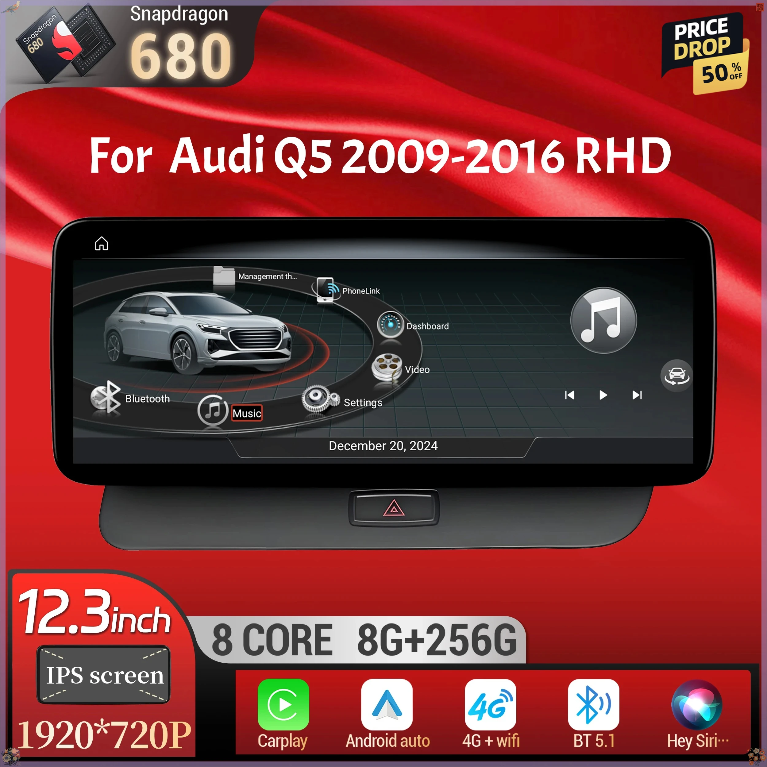 

12.3 inch For Audi Q5 2009-2016 Android 13 Right Hand Drive Car Radio Wireless BT Carplay Qualcomm Snapdragon 680 System Screen
