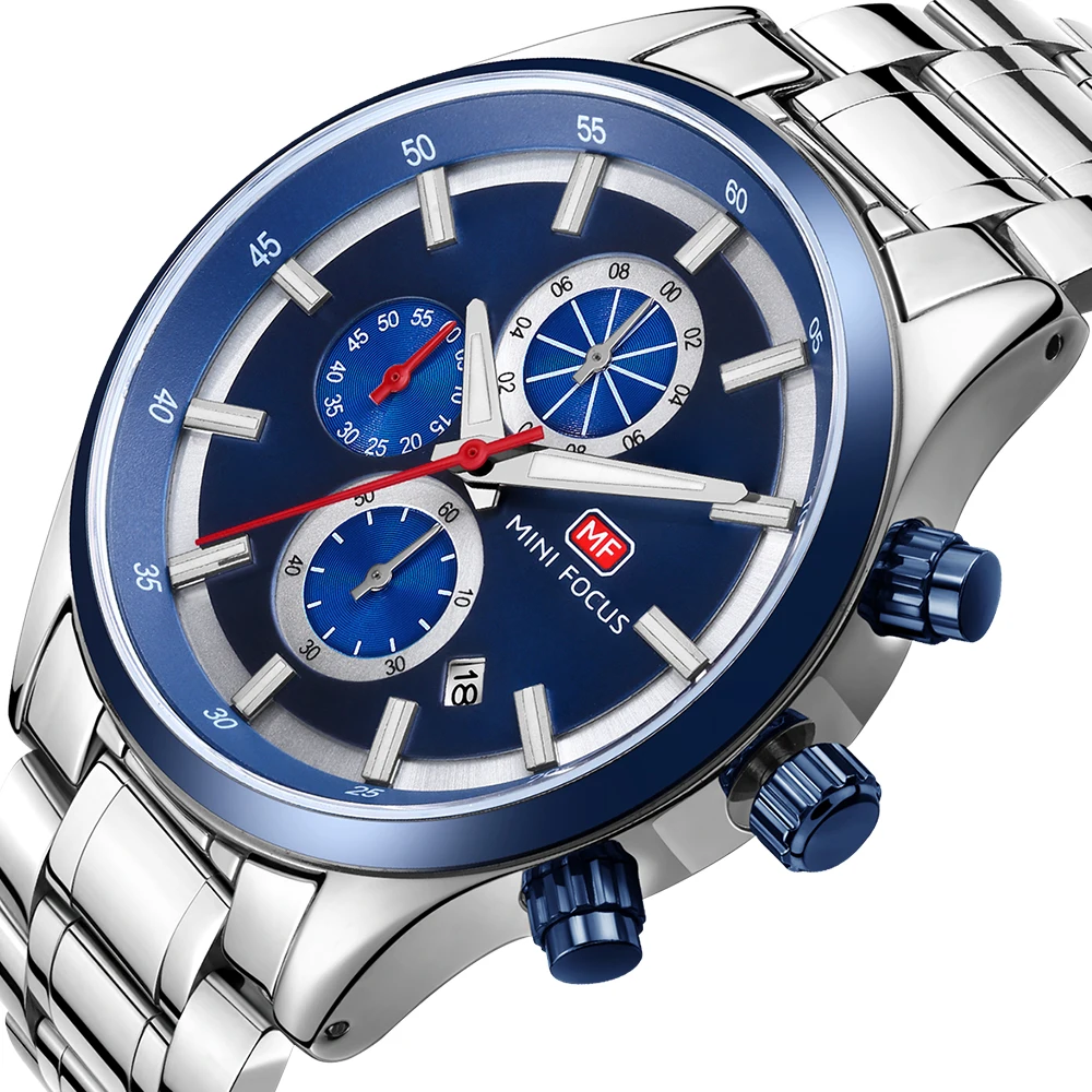 Mini Focus MF0081G Men Quartz Watches Waterproof Luminous Hands Silver Stainless Steel Band Classic Business Watch